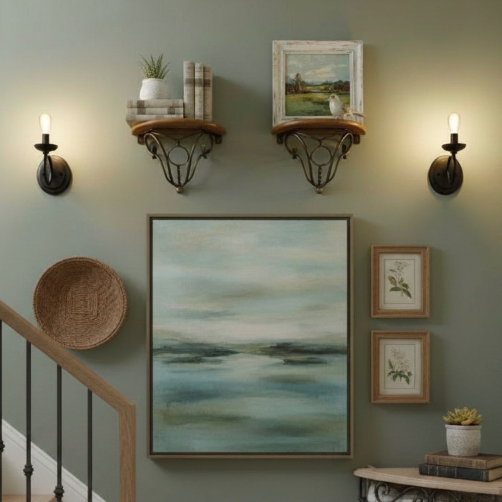 Set of 2 Wood and Scrolled Metal Wall Floating Shelves Sconces Half Moon 13x7